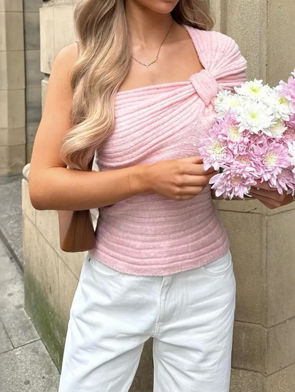 🌸Pink One Shoulder Ribbed Sweater Twist Top
